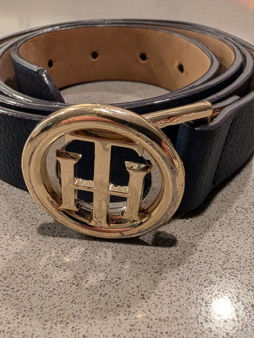 Tommy Hilfiger Navy Leather Belt with Gold 'TH' Round Buckle